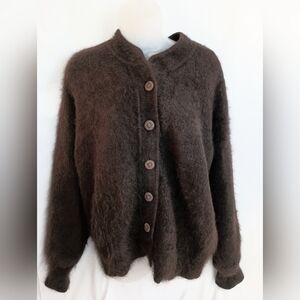 VENESHA Authentic Angora Fur Cozy Soft Chocolate Brown Button-Up Cardigan (#235)